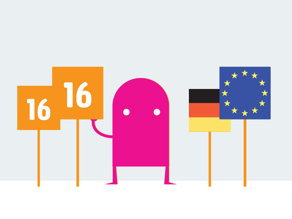 Grafik Figure mit Plakat 16 und Deutschland- sowie EU-Fahne